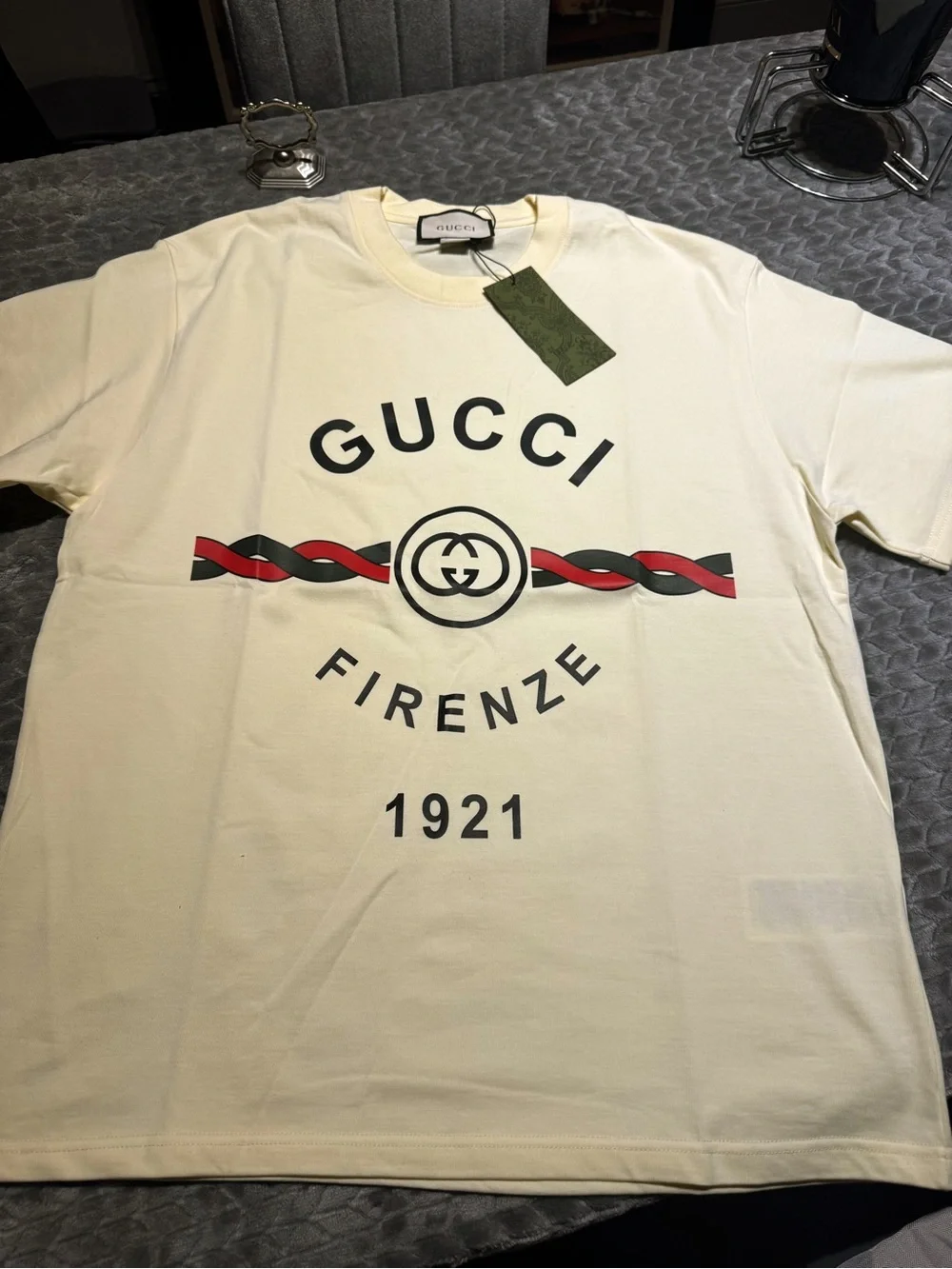 Oversized Gucci Cream Tee with Red & dark green Graphic Logo
